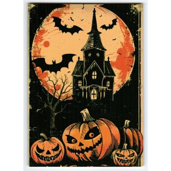 Vintage Halloween Postcard Haunted House & Jack-O'-Lanterns Full Moon - Picture 1 of 2
